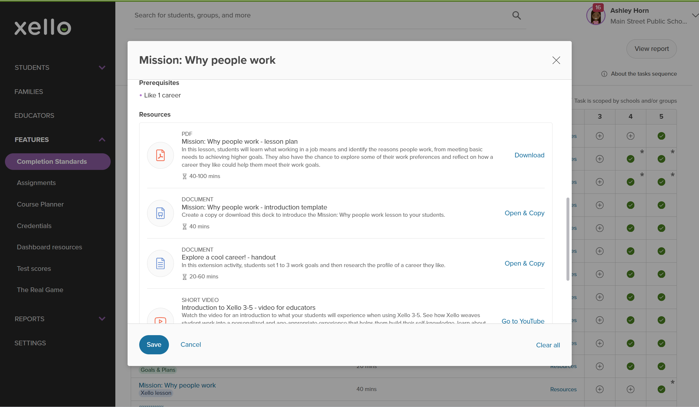 Educator account in Xello open to Completion Standards. The Mission: Why people work modal is open with a focus on the available resources